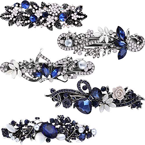 Product Cover 5 Pieces Crystal Rhinestones Hair Barrettes Flower Butterfly French Clip Vintage Spring Hair Clips Bridal Hair Jewelry for Women Girls (Retro)