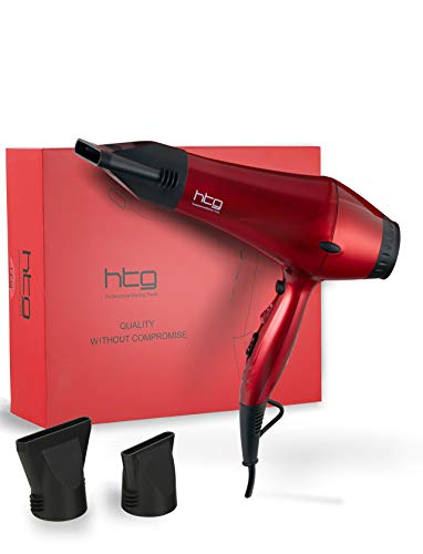 Product Cover Professional Ionic Hair Dryer HTG Powerful Ceramic Blow Dryer Quiet & Fast Hairdryer Small Ultra Lightweight Compact for Travel 2 Nozzles 1875W With Premium Soft Touch Body Infrared Tech HT036(Red)