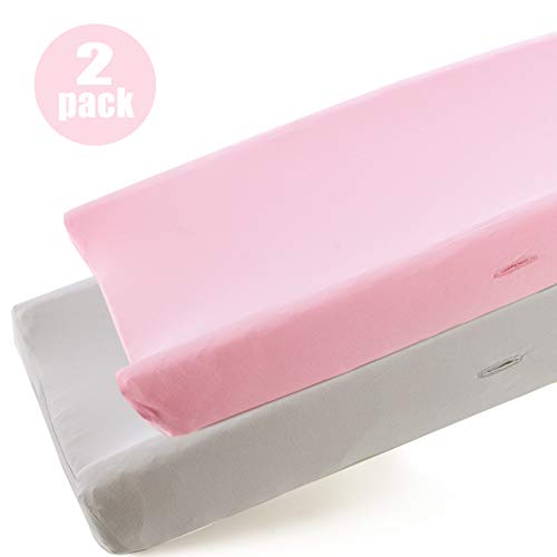 Product Cover COSMOPLUS Stretchy Changing Pad Cover -2 Pack Stretchy Changing Pad Covers for Boys Girls,Universal Knit Fitted for Standard Baby Changing Pad,Gray Pink