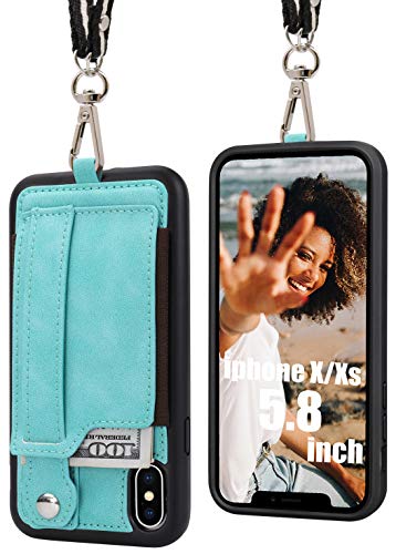 Product Cover TOOVREN iPhone X Wallet Case, iPhone Xs/10 Lanyard Neck Strap Protective Case Cover with Kickstand PU Leather Card Holder Adjustable Detachable iPhone Lanyard for Anti-Theft and Other Activities Aqua