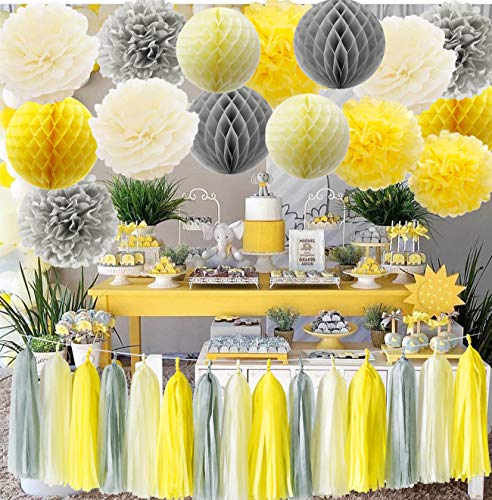 Product Cover Furuix You are My Sunshine Party Decoration Yellow Grey Elephant Baby Shower Decorations Gray and Yellow Nursery Decor Honeycomb Balls for Bridal Shower Birthday Decorations
