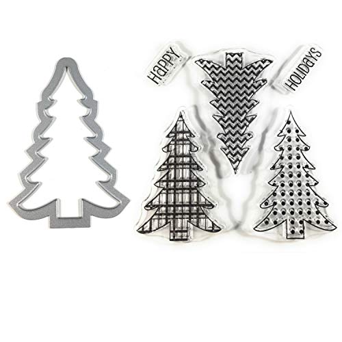 Product Cover Christmas Tree Clear Stamps and Metal Cutting Die | 6 Piece Set | Perfect for DIY Christmas Cards, Scrapbook Albums and Pages