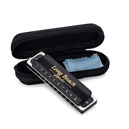 Product Cover Blues Harmonica Key of C- Professional Quality- 10 Holes, 20 Tones- Phosphor Bronze Reed, with Zipper Case- Long Beach Music