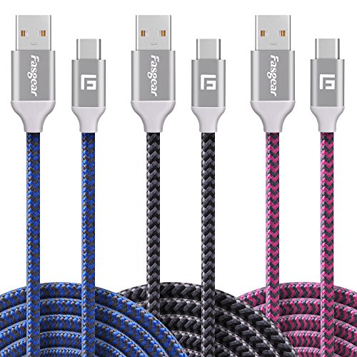 Product Cover Fasgear USB Type C Cable, 3 Pack, 10ft/3m USB-C to USB A Fast Charger Braided Cord Compatible with Galaxy S10 S9 S8 Plus Note 9 8, Moto Z Z2, LG V30 V20 G5 G6, Switch (Black,Blue,Rose)