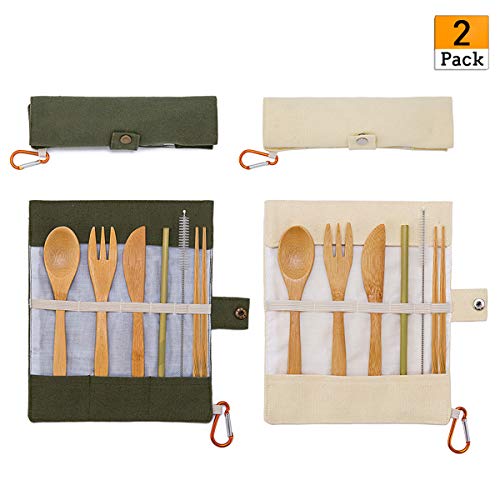 Product Cover 2 Pack Natural Bamboo Travel Cutlery Kit Portable Utensils Flatware Set Include Knife, Fork, Spoon, Straw and Cleaning Brush for Camping Office Lunch
