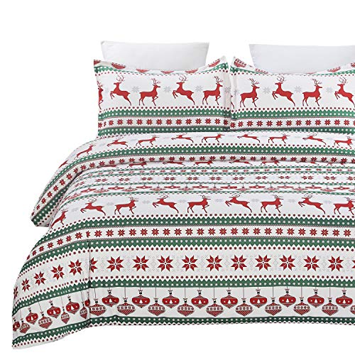 Product Cover Vaulia Lightweight Microfiber Duvet Cover Set, Printed Reindeer Pattern for Christmas New Year Holidays, Red/Green - Queen
