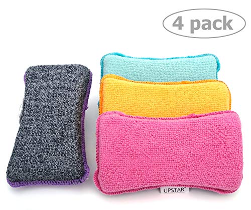 Product Cover Microfiber Scrubber Sponge - Non-Scratch Kitchen Scrubbies, Dishwashing and Bathroom Sponges, Pack of 4, Size 6x3x1.6 Inch by UPSTAR
