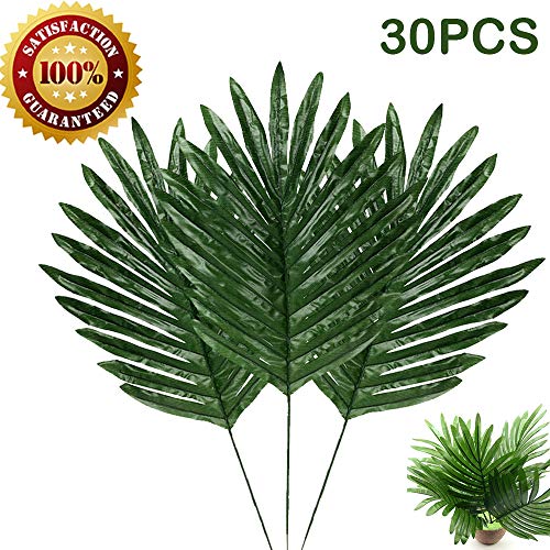 Product Cover 30 Pcs Faux Palm Leaves with Stems Artificial Tropical Plant Imitation Safari Leaves Hawaiian Luau Party Suppliers Decorations,Tiki,Aloha Jungle Beach Birthday Leave Table Decorations