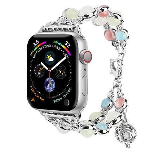 Product Cover TILON for Apple Watch Band 42mm 44mm Series 5/4/3/2/1, Adjustable Wristband Handmade Night Luminous Pearl iWatch Bracelet with Essential Oil/Perfume Storage Pendant for Women/Girls(Silver)