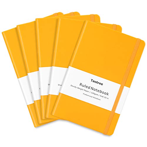 Product Cover 5 Pack Journal Notebooks, Taotree Yellow Classic Ruled Writing Notebook, Hard Cover PU Leather, 120gsm Premium Thick Paper, Inner Pocket, 128 Pages, 5