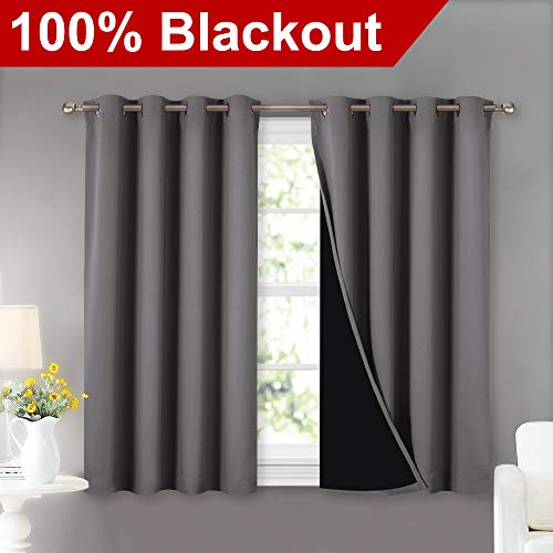 Product Cover NICETOWN 100% Blackout Curtains with Black Liners, Thermal Insulated Full Blackout 2-Layer Lined Curtains, Energy Efficiency Window Draperies for Dining Room (Grey, 2 Panels, 52-inch W by 45-inch L)
