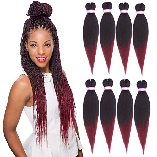 Product Cover Pre Stretched Braiding Hair 20 Inch 8 Packs Yaki Synthetic Ombre Color Professional Braiding Hair Extensions for Crochet Braids Twist Hair (#1B/Burgundy)