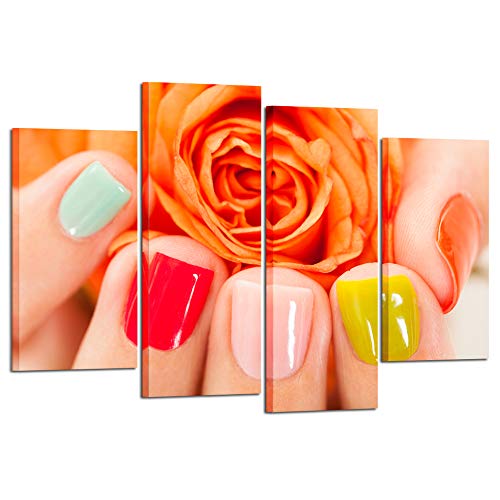 Product Cover Kreative Arts Large 4 Panel Canvas Wall Art Orange Roses Nail Varnish Beauty Manicure Orange Poster Art Prints Hand Spa Beauty Salon Modern Walls Decor Stretched Gallery Canvas Wrap Giclee Print