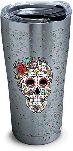 Product Cover Tervis 1306139 Fiesta-Skull and Flowers Stainless Steel Insulated Tumbler with Clear and Black Hammer Lid, 20oz, Silver