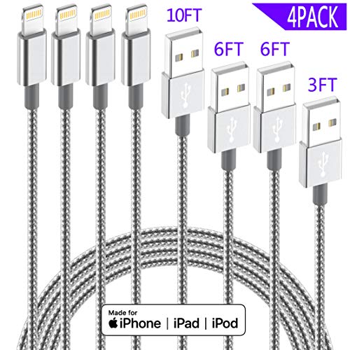 Product Cover iPhone Lightning Cable Apple MFi Certified IDiSON 4Pack(10ft 6ft 6ft 3ft) Braided Nylon Fast Charger Cable Compatible iPhone 11 Pro Max XS XR 8 Plus 7 Plus 6s 5s 5c Air iPad Mini iPod (Gray White)