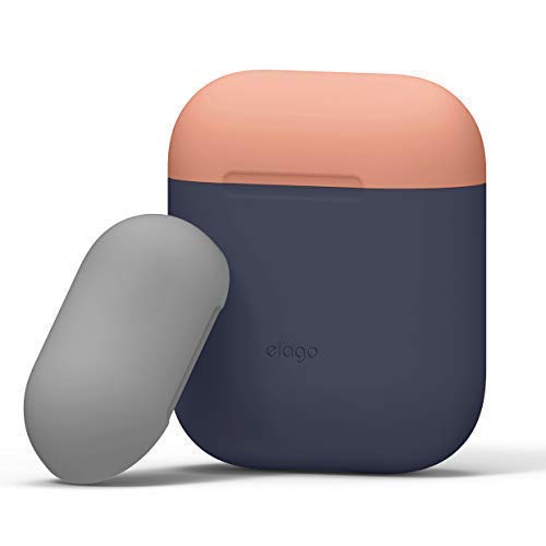 Product Cover elago Duo Case Compatible with Apple AirPods 1 & 2 [Body - Jean Indigo/Top - Peach, Medium Grey] - Two Color Caps, Protective Silicone, No Hinge, Support Wireless Charging (Front LED Not Visible)