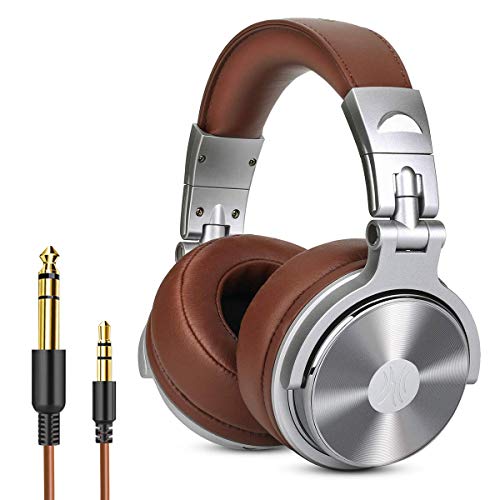 Product Cover Over Ear Headphone, Wired Premium Stereo Sound Headsets with 50mm Driver, Foldable Comfortable Headphones with Protein Earmuffs and Shareport for Recording Monitoring Podcast PC TV- with Mic (Silver)