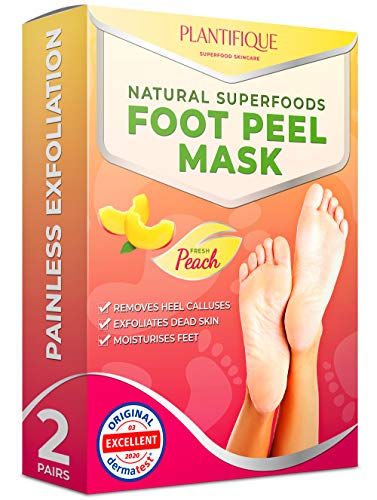 Product Cover Foot Peel Mask to Exfoliate Dead Skin - Dermatologist Tested Baby Foot Peeling Mask for Callus Removal, Dead Skin and Cracked Heel Treatment - 2 Pairs Foot Scrub Booties | Peach Foot Mask