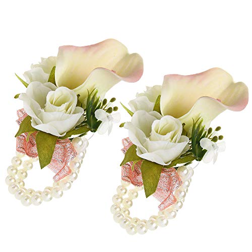 Product Cover Febou Wrist Corsage Pack of 2 Wedding Bridal Wrist Flower Calla Lily Wristband Hand Flower for Bride Bridesmaid Perfect for Wedding, Prom, Party (B-Pink)