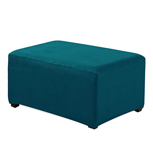 Product Cover CHUN YI Stretch Ottoman Slipcover Rectangle Storage Stool Cover Furniture Protector with Elastic Bottom, Checks Spandex Jacquard Fabric (X-Large, Teal)