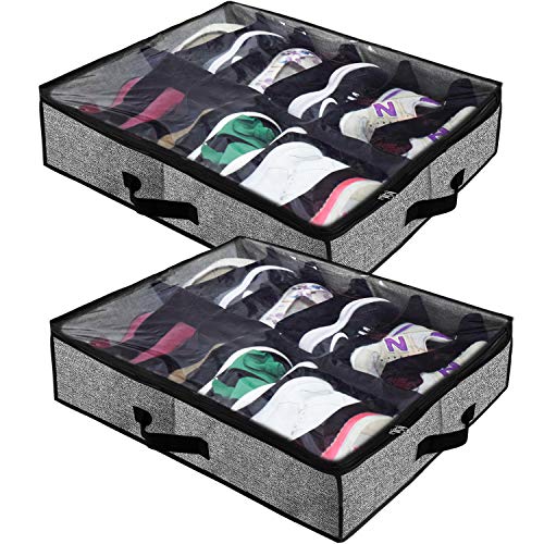Product Cover homyfort Under Bed Shoe Storage Organizer for Closet, Shoe Container Box Bedding Storage with Clear Cover (24 Pairs), Set of 2 Black with Printing