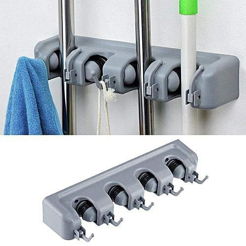 Product Cover LWVAX ABS Plastic Kitchen Tool Holder, 4 Position with 5 Hooks Wall Mounted Storage Organizer, Mop and Broom Storage Holders Racks (Standard Size, Multicolour)