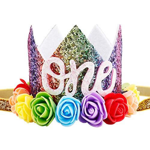 Product Cover Maticr Baby Girl Glitter 1 2 3 First Birthday Rainbow Flower Crown Hat Floral Tiara Headband for Photo Prop (Letter One)