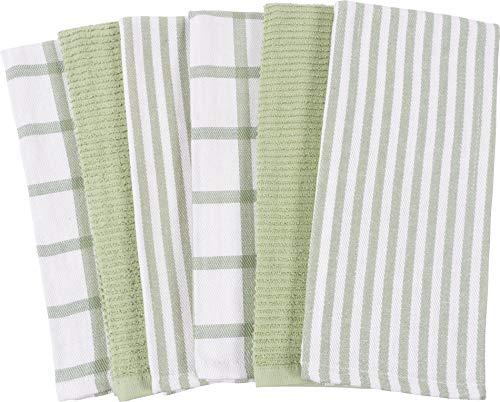 Product Cover Mixed Flat & Terry Kitchen Towels | Two Sets of 3 18 x 28 Inches | 4 Flat Weave Towels for Cooking and Drying Dishes and 2 Terry Towels, for House Cleaning and Tackling Messes and Spills (Sage)