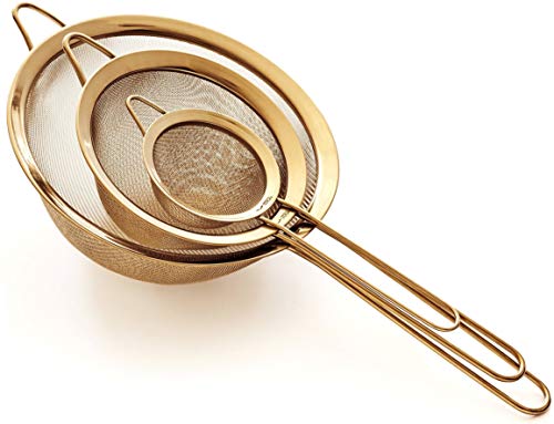 Product Cover Strainer Set Fine Mesh - Premium 304 Stainless Steel (18/8) - 3.3″, 5.5″ and 8″ Sturdy Kitchen Strainers, by Proto Future (Gold)