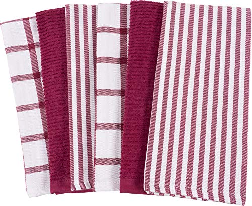 Product Cover Mixed Flat & Terry Kitchen Towels | Two Sets of 3 18 x 28 Inches | 4 Flat Weave Towels for Cooking and Drying Dishes and 2 Terry Towels, for House Cleaning and Tackling Messes and Spills (Wine)