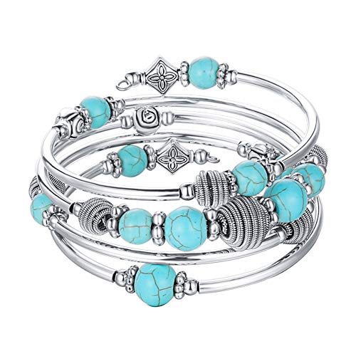 Product Cover Pearl&Club Beaded Chakra Bangle Turquoise Bracelet - Fashion Jewelry Wrap Bracelet with Thick Silver Metal and Mala Beads, Birthday Gifts For Women (Turquoise)