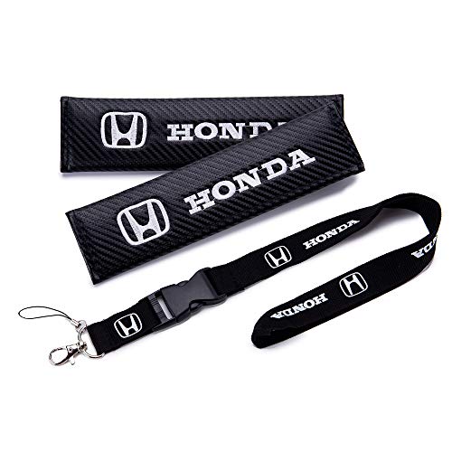 Product Cover QZS New 1pcs Honda Keychain Lanyard Badge Holder + 2pcs Honda Carbon Fiber Car Seat Belt Shoulders Pad Cover Fit for Cars (Honda)