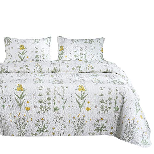 Product Cover Wake In Cloud - Botanical Quilt Set, Yellow Flowers Green Leaves Floral Pattern Printed on White, 100% Cotton Fabric with Soft Microfiber Inner Fill Bedspread Coverlet Bedding (3pcs, King Size)