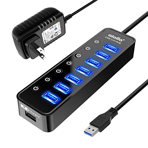 Product Cover Powered USB Hub 3.0, Atolla 7-Port USB Data Hub Splitter with One Smart Charging Port and Individual On/Off Switches and 5V/4A Power Adapter USB Extension for MacBook, Mac Pro/Mini and More.
