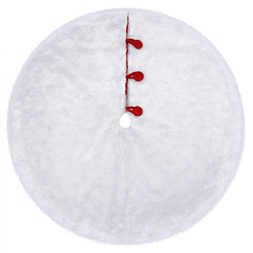 Product Cover KERIQI Fluffy Faux Fur Christmas Tree Skirts 48 Inches White Plush Tree Sikrt with Red Button for White Christmas Decorations Xmas Holiday Supplies Pet Favors