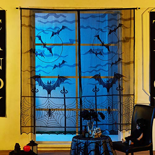 Product Cover MACTING 2pcs Halloween Bats Lace Window Curtain Set, Black Spider Web Bats Door Curtain Panel Decor for Halloween Party Door Window Decoration, 40 by 84 inch