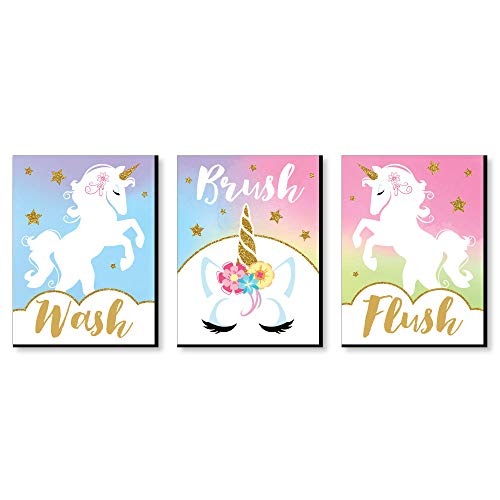Product Cover Big Dot of Happiness Rainbow Unicorn - Kids Bathroom Rules Wall Art - 7.5 x 10 inches - Set of 3 Signs - Wash, Brush, Flush