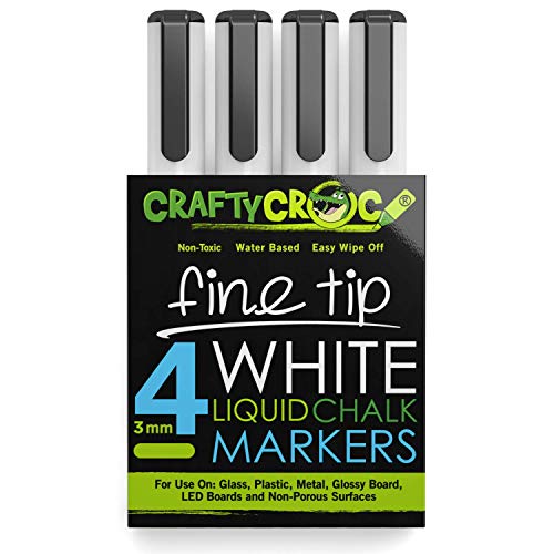 Product Cover Crafty Croc Fine Tip Chalk Markers - (Precise 3mm Tip, 4 White) - Erasable Dustless Liquid Chalk Ink Pens, Water-Based, Non-Toxic