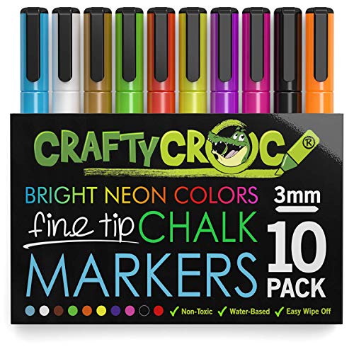 Product Cover Crafty Croc Fine Tip Chalk Markers - (Precise 3mm Tip, 10 Neon Colors) - Erasable Dustless Liquid Chalk Ink Pens, Water-Based, Non-Toxic