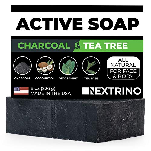Product Cover Activated Charcoal Tea Tree Soap - with Peppermint! Made in the USA: All Natural, Vegan Bar Soap with Organic Oils for Face & Body. Wash Away Odor & Germs (5-Pack of 4 Ounce Soap Bars)