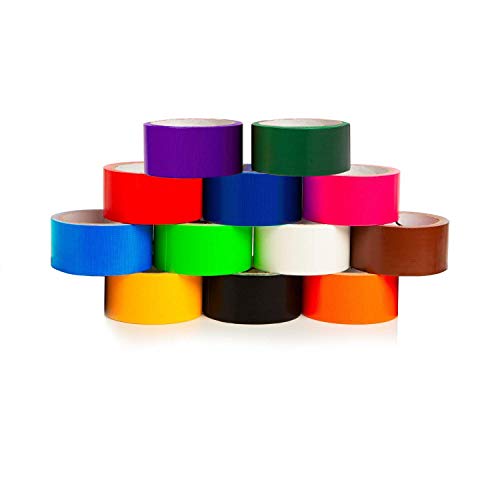 Product Cover GIFTEXPRESS 12 Assorted Colored Duct Tapes 10 Yards x 2 Inch Rolls,12 Multi Purposes Bright Colors Tapes Great for DIY Art Kit Home School, Colors: Black Navy Purple red Orange White Teal Lime Green