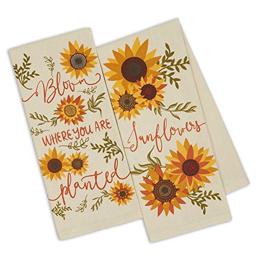 Product Cover Design Imports DII Set 2 Sunny Sunflower Printed Kitchen Dish Towels - Bloom Where You are Planted - Sunflowers