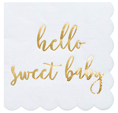 Product Cover Cocktail Napkins - 50-Pack Disposable Paper Napkins with Scalloped Edges, Gold Foil Hello Sweet Baby Design, Shower, Baptism, Christening, Dedication Party Supplies, 3-Ply, White, Folded 5 x 5 Inches