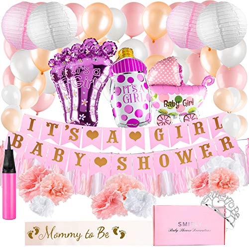 Product Cover Baby Shower Decorations for Girl Kit: Pink, White, and Champagne Gold Party Decor - Its A Girl Banner, Balloons, Tissue Paper Pom Poms and Hanging Lantern Decoration Bundle - Includes Sash and Tiara