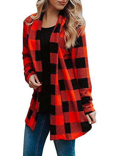 Product Cover Womens Buffalo Plaid Cardigans Long Sleeve Elbow Patch Draped Open Front Cardigan Shirt