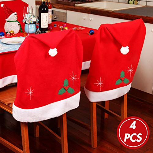 Product Cover Koogel Christmas Dining Chair Slipcovers,4 Pcs 25x20inch Chair Back Covers Santa Hat Chair Covers for Christmas Banquet Holiday Festival Decor