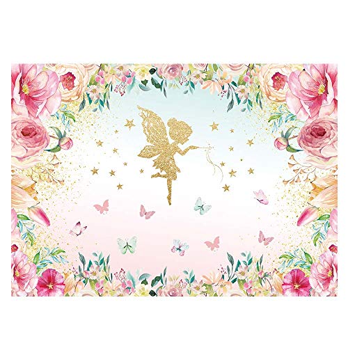 Product Cover Funnytree 7X5ft Pink and Gold Floral Fairy Butterfly Party Backdrop Princess Flowers Girl Birthday Background Wonderland Tea Time Watercolor Baby Shower Decorations Photo Studio for Photography