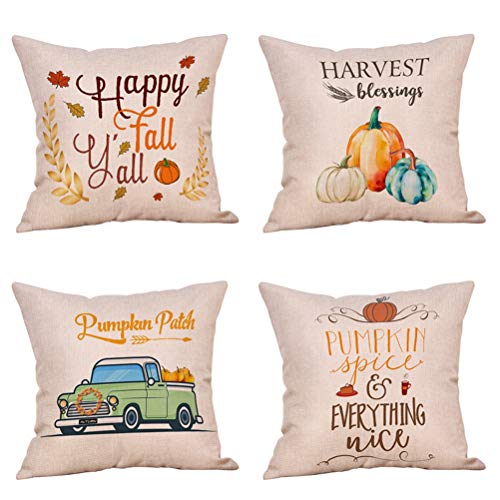 Product Cover Jartinle 4 Pack Pumpkin Spice Quotes Happy Fall Throw Pillow Case Harvest Blessing Thanksgiving Cushion Cover 18 x 18 Inch Cotton Linen Autumn Farmhouse Decor (Pumkin Spice)