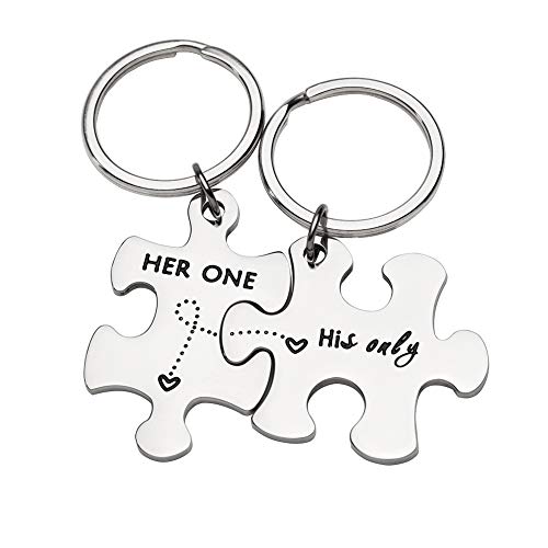 Product Cover Couple Keychain Gifts for Husband Wife Him Her Puzzle Keychain Set of 2 Key Ring Charm Valentines Day Wedding Anniversary Christmas Gifts (Her One His Only)