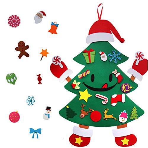 Product Cover KERIQI DIY Felt Christmas Tree for Kids, Smiley 3ft Christmas Tree with 30pcs Detachable Ornaments Unique Hands and feet Design for Xmas Gifts Christmas Door Wall Hanging Decorations